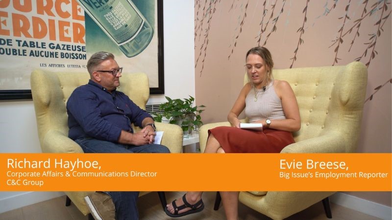 Screenshot from interview with C&C Group's Richard Hayhoe and Big Issue's Evie Breese discussing the new partnership
